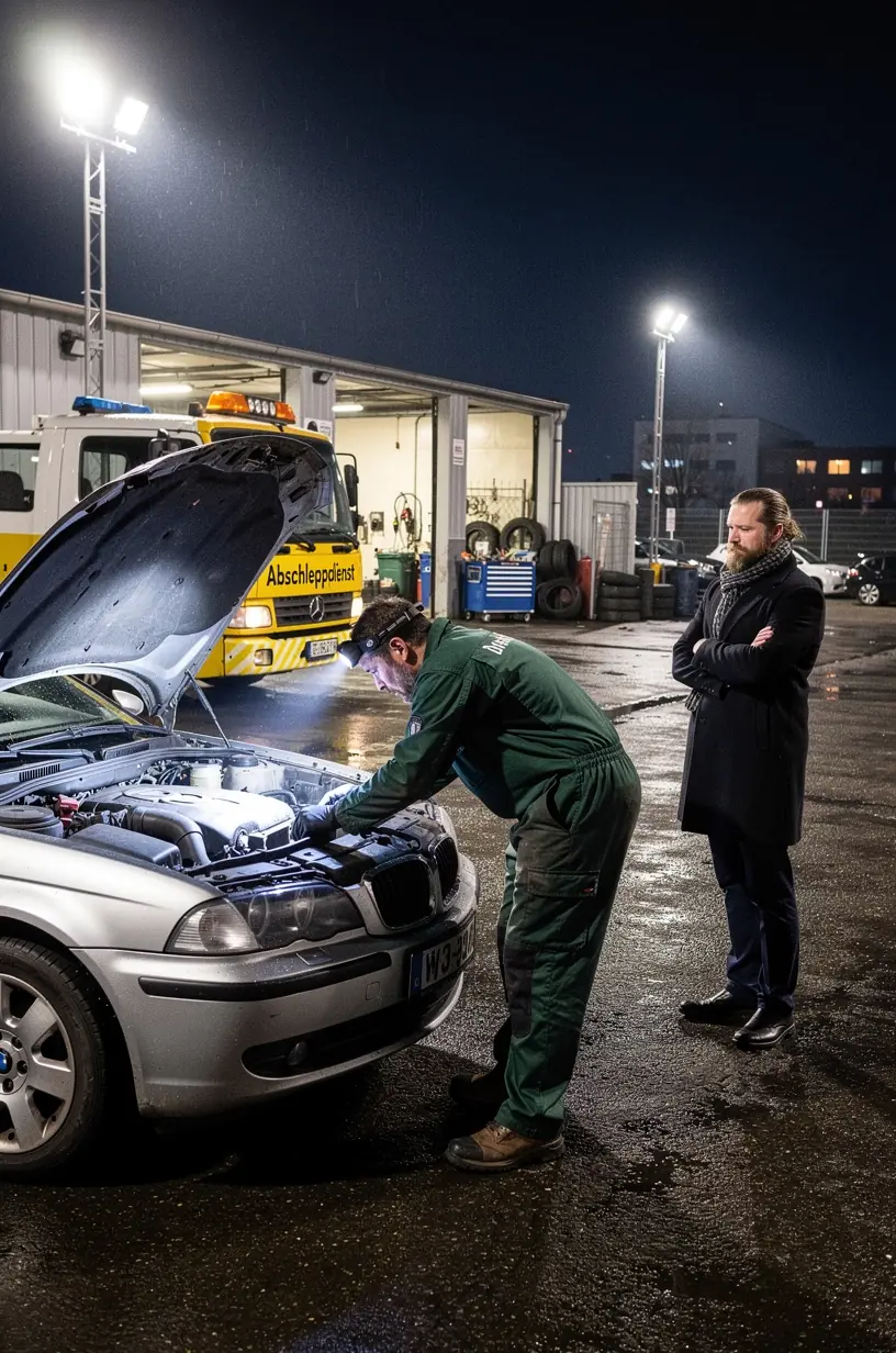 Mechaniker führt Sofortreparatur an einem liegengebliebenen Auto am Straßenrand durch